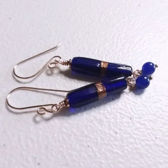 Deep Blue Slim Dangle Earrings - Sleek Trendy Versatile - Day or Night Wear - Picture 4 of 10